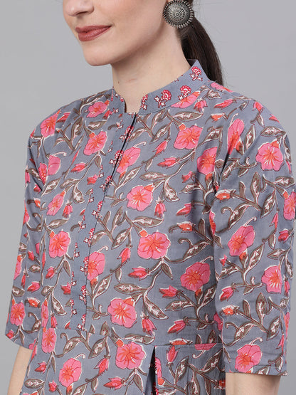 Women Grey Three-Quarter Sleeves Flared Kurta With Palazzo | LASVINI - Redefining Indian Fashion with Elegance