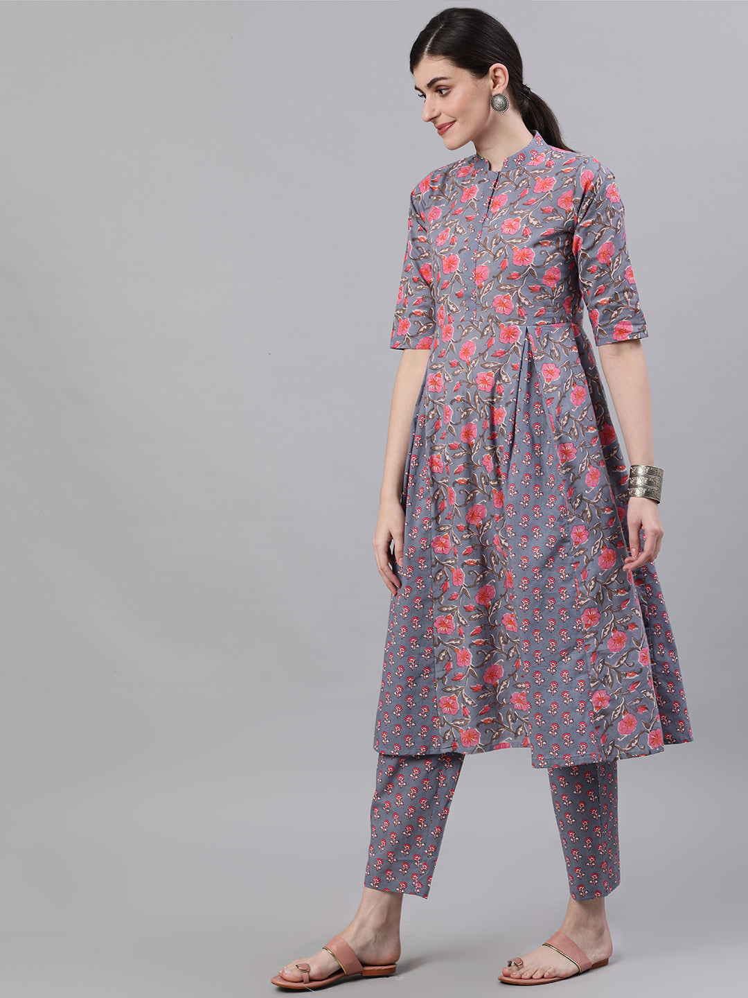 Women Grey Three-Quarter Sleeves Flared Kurta With Palazzo | LASVINI - Redefining Indian Fashion with Elegance