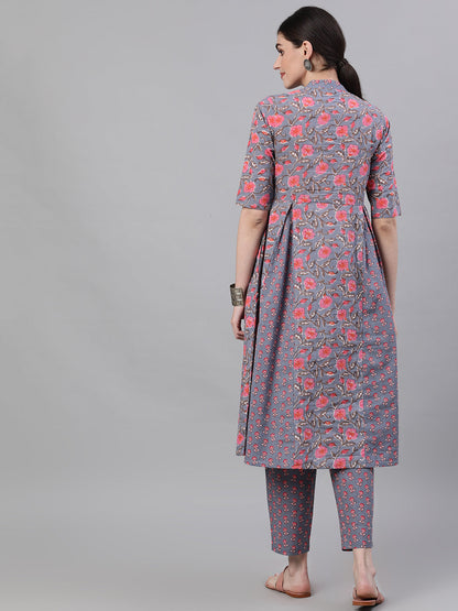 Women Grey Three-Quarter Sleeves Flared Kurta With Palazzo | LASVINI - Redefining Indian Fashion with Elegance