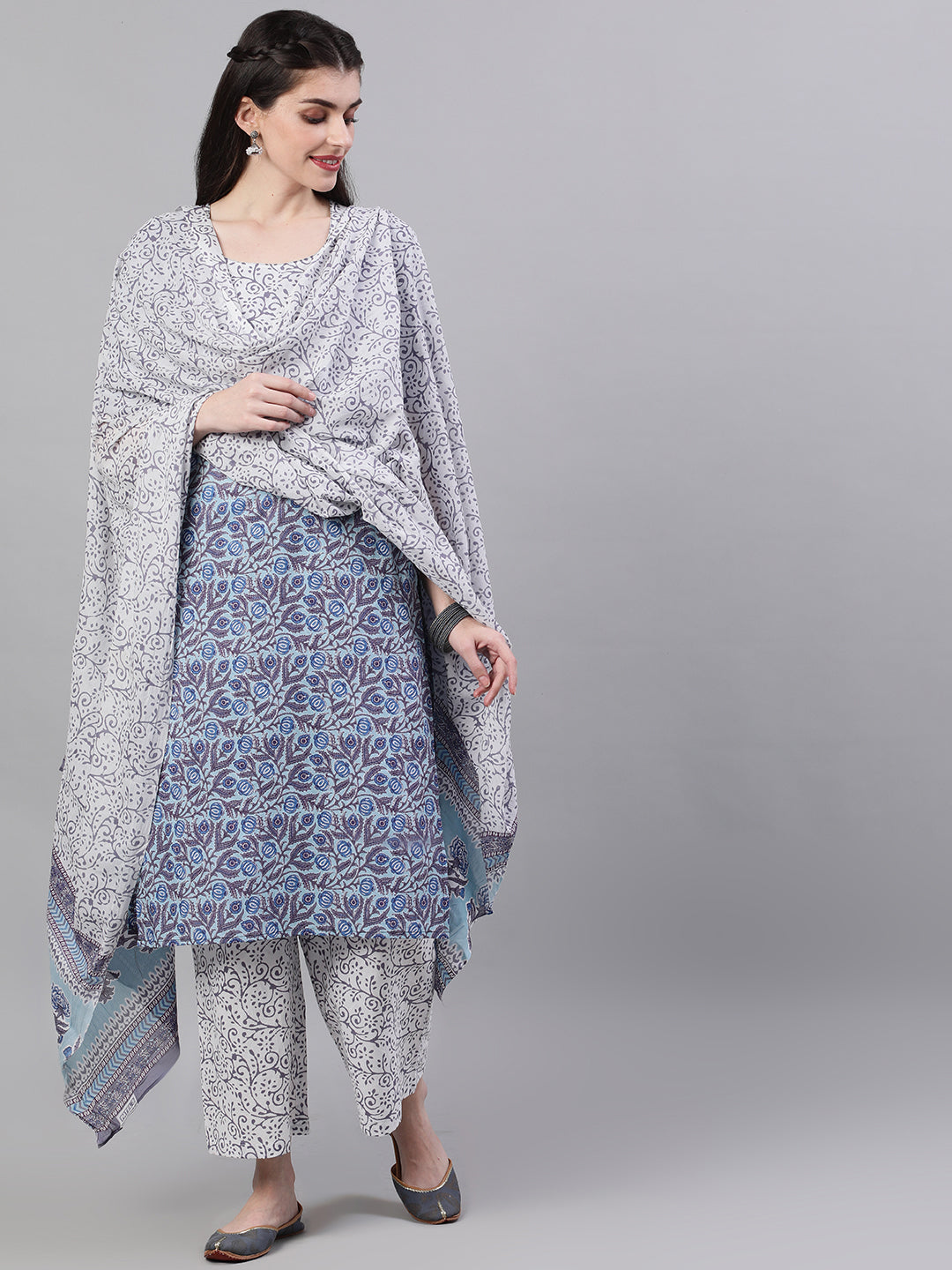 Women Blue Three-Quarter Sleeves Straight Kurta Palazzo With Dupatta | LASVINI - Redefining Indian Fashion with Elegance