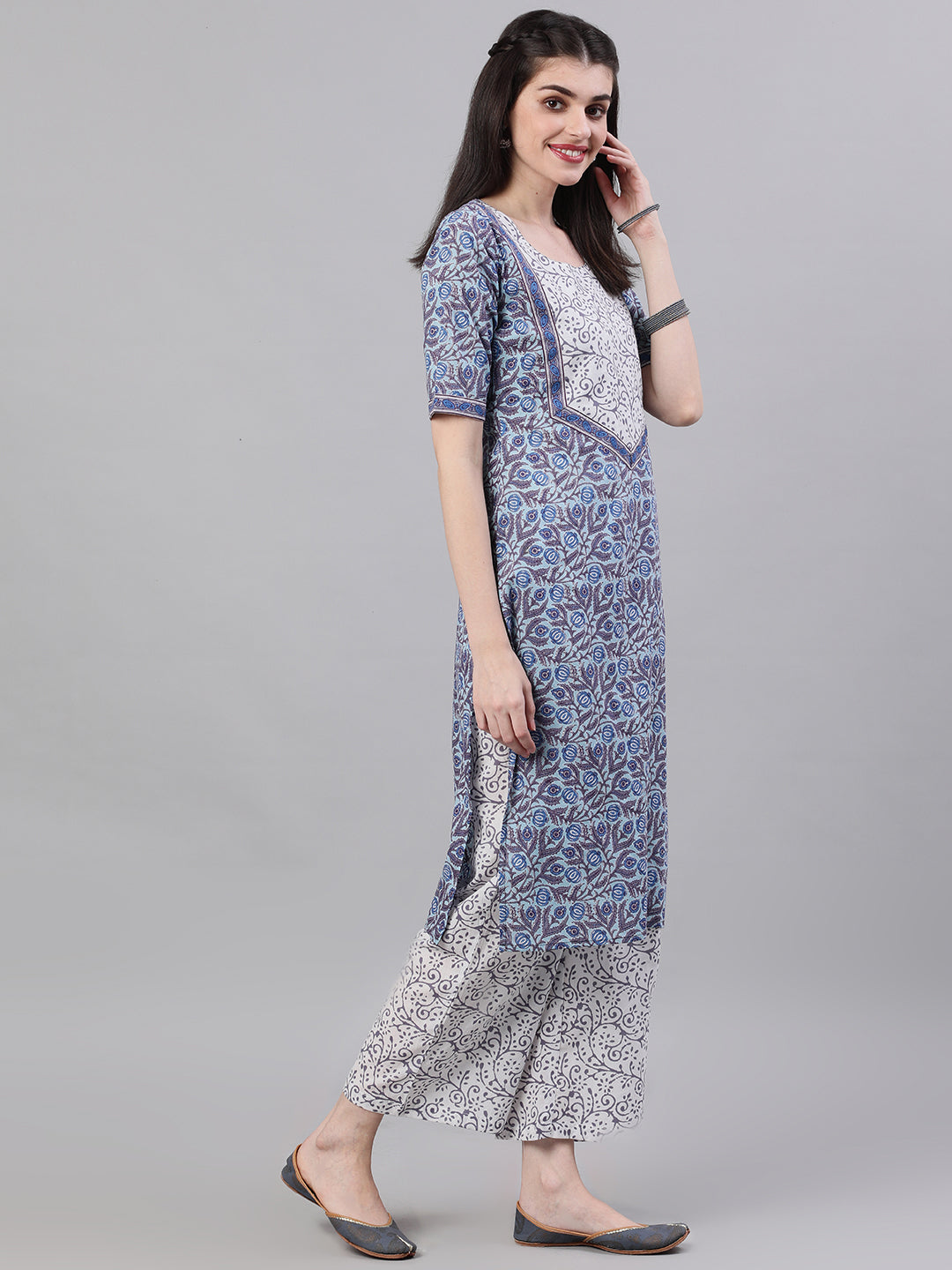 Women Blue Three-Quarter Sleeves Straight Kurta Palazzo With Dupatta | LASVINI - Redefining Indian Fashion with Elegance
