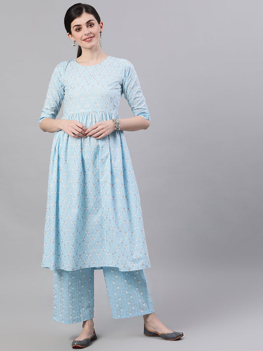 Women Pastel Sky Blue Three-Quarter Sleeves Flared Kurta And Palazzo Set | LASVINI - Redefining Indian Fashion with Elegance