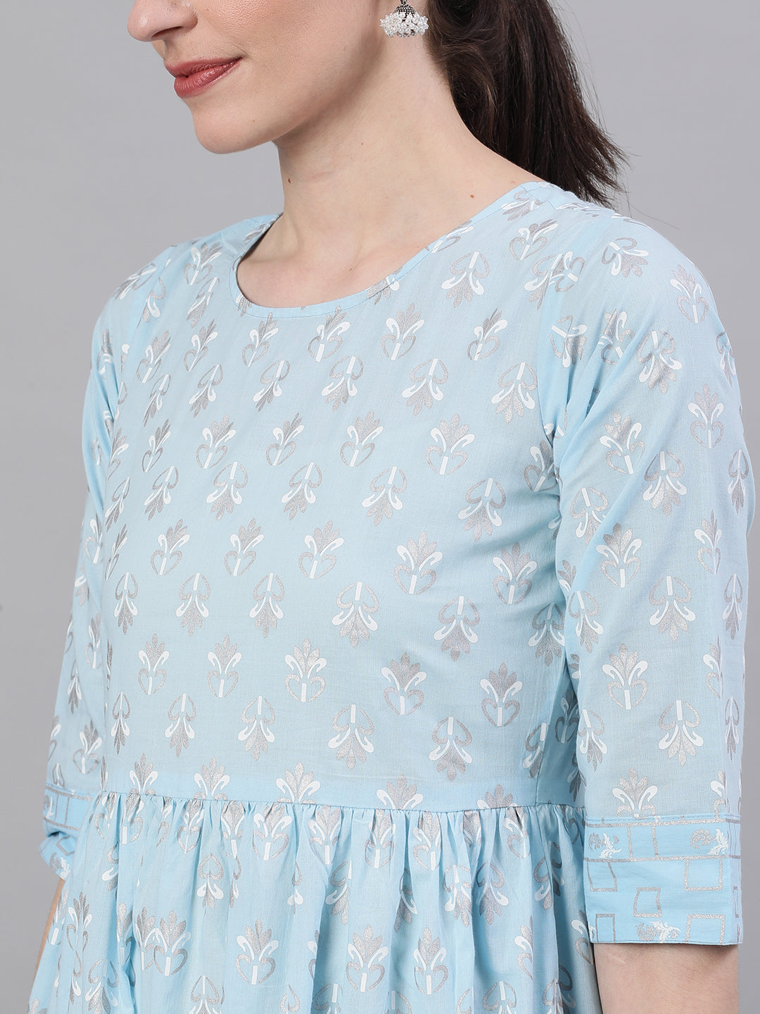 Women Pastel Sky Blue Three-Quarter Sleeves Flared Kurta And Palazzo Set | LASVINI - Redefining Indian Fashion with Elegance
