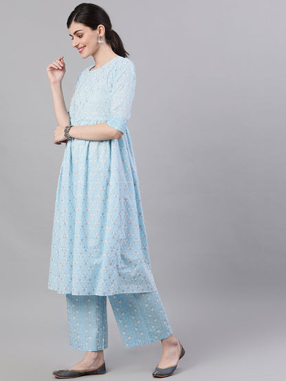 Women Pastel Sky Blue Three-Quarter Sleeves Flared Kurta And Palazzo Set | LASVINI - Redefining Indian Fashion with Elegance