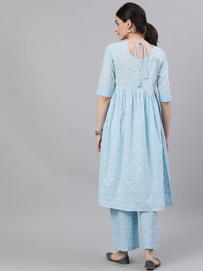 Women Pastel Sky Blue Three-Quarter Sleeves Flared Kurta And Palazzo Set | LASVINI - Redefining Indian Fashion with Elegance