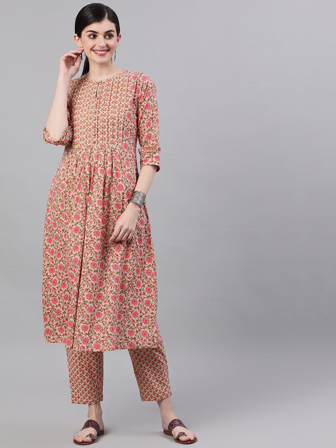 Women Beige Three-Quarter Sleeves Flared Kurta And Palazzo Set | LASVINI - Redefining Indian Fashion with Elegance