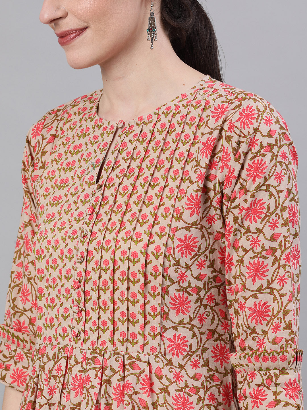 Women Beige Three-Quarter Sleeves Flared Kurta And Palazzo Set | LASVINI - Redefining Indian Fashion with Elegance