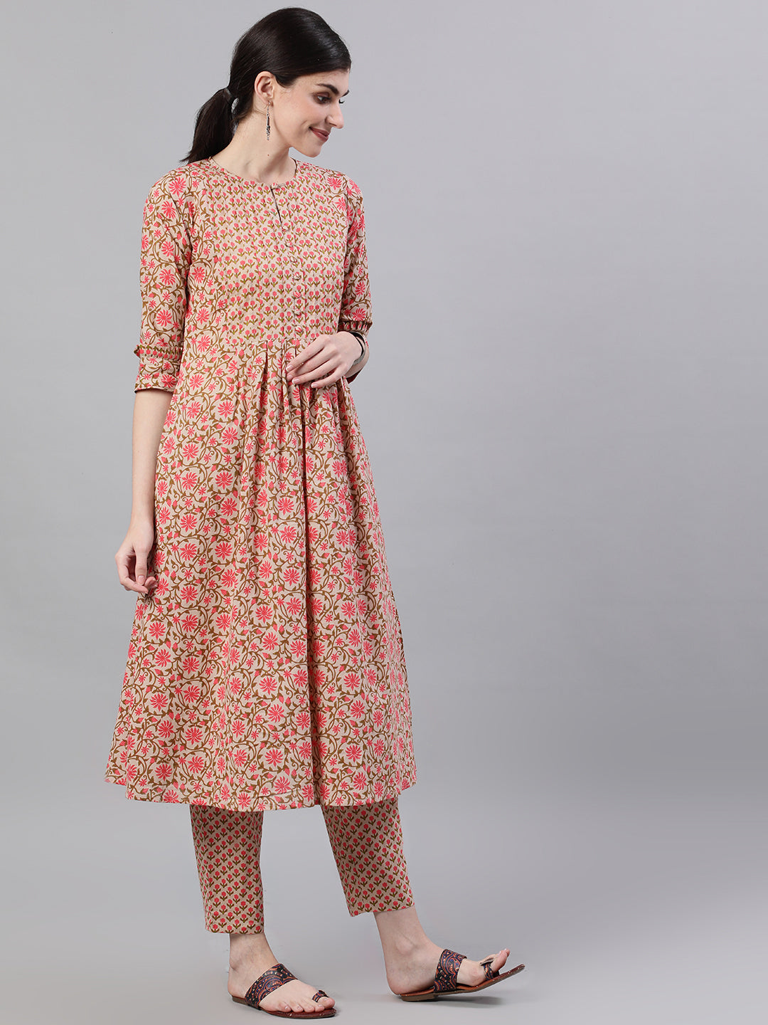 Women Beige Three-Quarter Sleeves Flared Kurta And Palazzo Set | LASVINI - Redefining Indian Fashion with Elegance