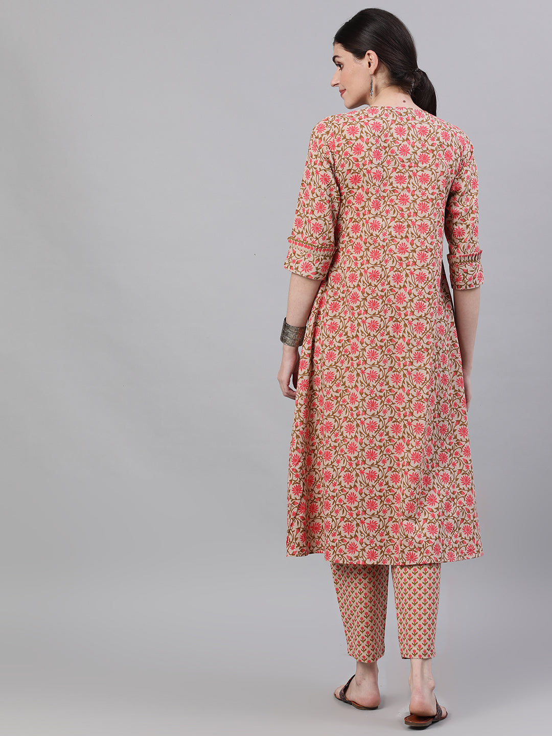 Women Beige Three-Quarter Sleeves Flared Kurta And Palazzo Set | LASVINI - Redefining Indian Fashion with Elegance