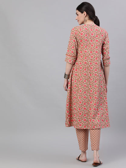 Women Beige Three-Quarter Sleeves Flared Kurta And Palazzo Set | LASVINI - Redefining Indian Fashion with Elegance