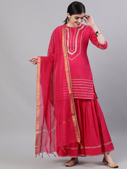 Women Pink Three-Quarter Sleeves Straight Kurta Sharara Set With Dupatta | LASVINI - Redefining Indian Fashion with Elegance