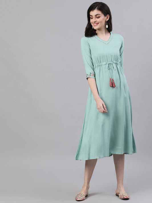 Women Sage Green Solid Solid V-Neck Viscose Rayon Maxi Dress | LASVINI - Redefining Indian Fashion with Elegance