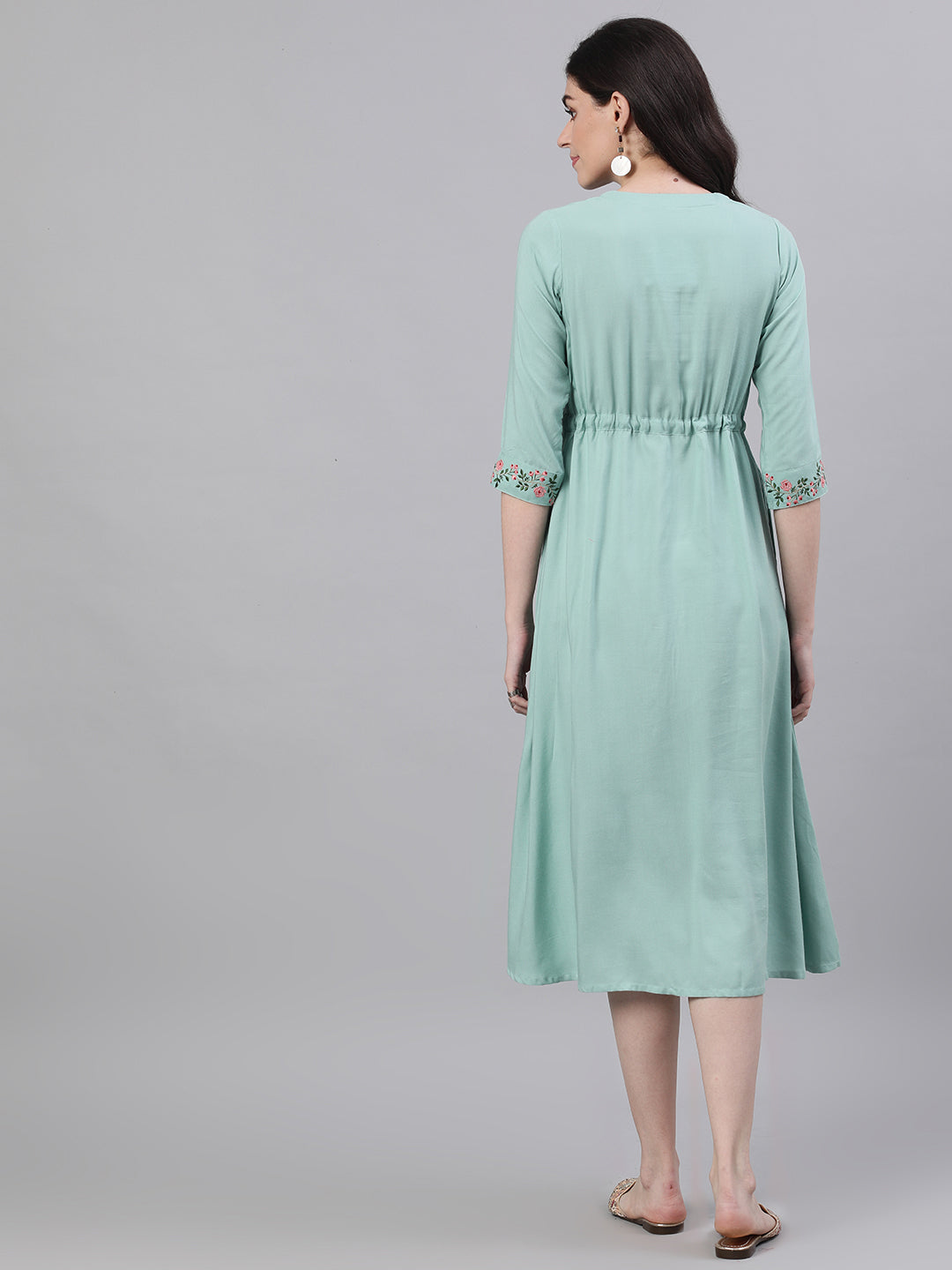 Women Sage Green Solid Solid V-Neck Viscose Rayon Maxi Dress | LASVINI - Redefining Indian Fashion with Elegance