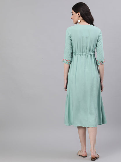 Women Sage Green Solid Solid V-Neck Viscose Rayon Maxi Dress | LASVINI - Redefining Indian Fashion with Elegance