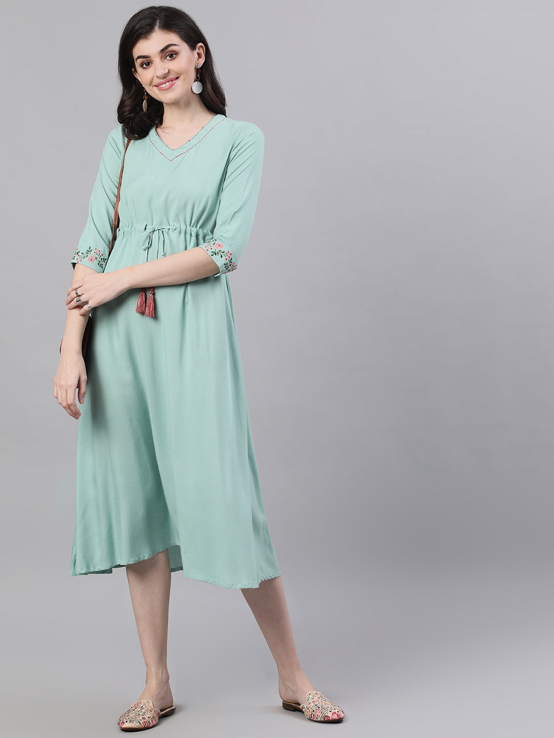 Women Sage Green Solid Solid V-Neck Viscose Rayon Maxi Dress | LASVINI - Redefining Indian Fashion with Elegance