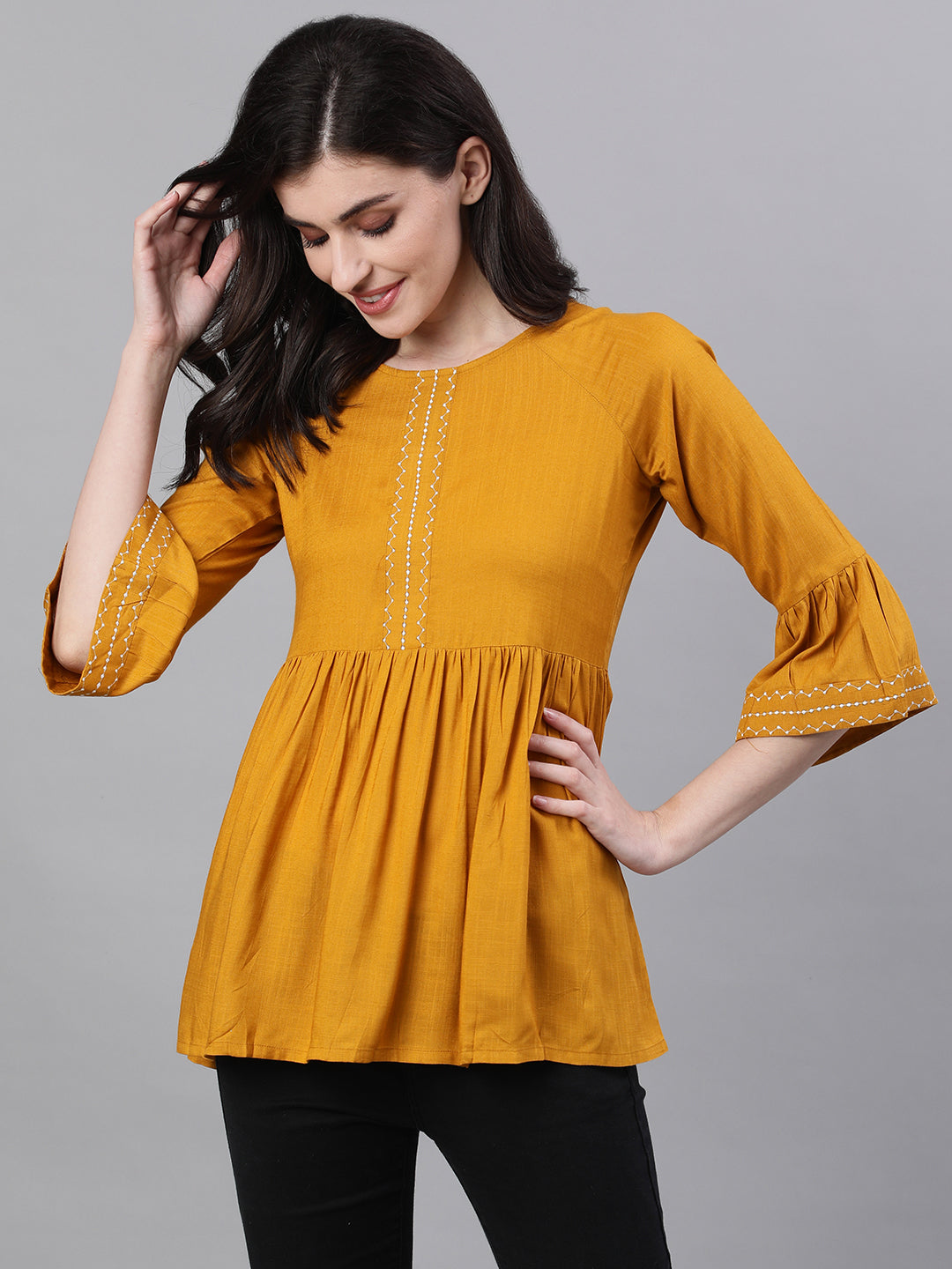 Women Mustard Long Sleeves Gathered Or Pleated Top | LASVINI - Redefining Indian Fashion with Elegance