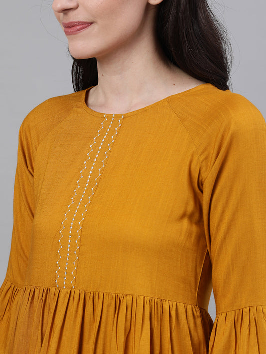 Women Mustard Long Sleeves Gathered Or Pleated Top | LASVINI - Redefining Indian Fashion with Elegance
