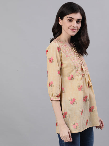 Women Beige Three-Quarter Sleeves Tie-Ups Top | LASVINI - Redefining Indian Fashion with Elegance