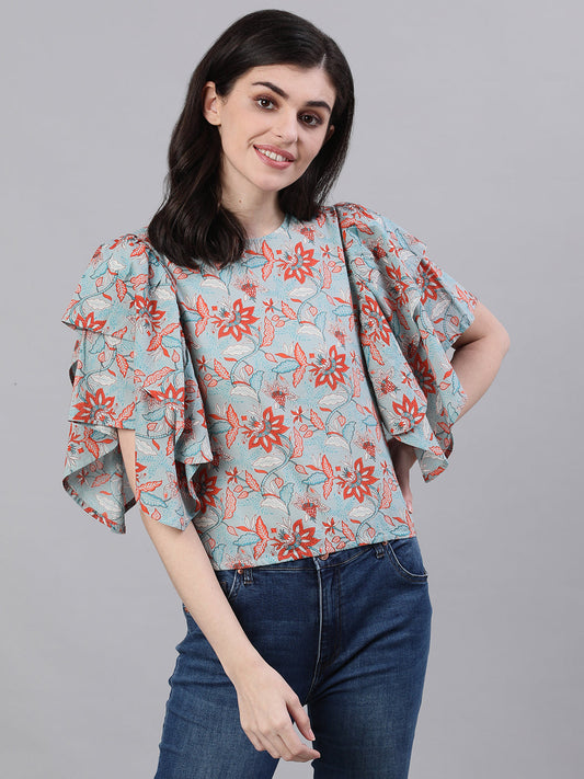 Women Sage Green Short Sleeves Ruffles Top | LASVINI - Redefining Indian Fashion with Elegance