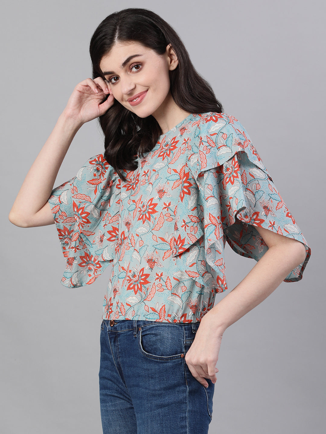 Women Sage Green Short Sleeves Ruffles Top | LASVINI - Redefining Indian Fashion with Elegance