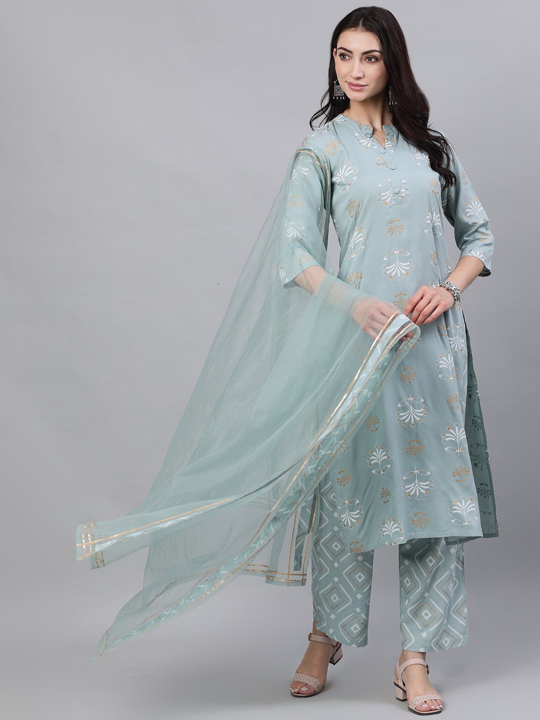 Women Grey Three-Quarter Sleeves Straight Kurta Palazzo With Dupatta | LASVINI - Redefining Indian Fashion with Elegance