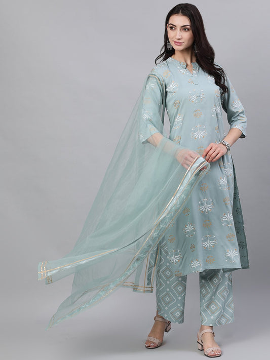Women Grey Three-Quarter Sleeves Straight Kurta Palazzo With Dupatta | LASVINI - Redefining Indian Fashion with Elegance
