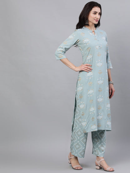 Women Grey Three-Quarter Sleeves Straight Kurta Palazzo With Dupatta | LASVINI - Redefining Indian Fashion with Elegance