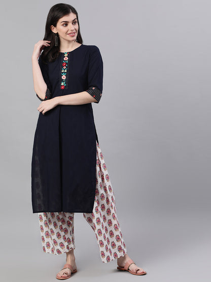 Women Navy Blue Calf Length Three-Quarter Sleeves A-Line Solid Embroidered Cotton Kurta | LASVINI - Redefining Indian Fashion with Elegance