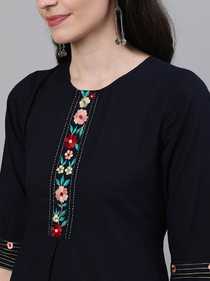 Women Navy Blue Calf Length Three-Quarter Sleeves A-Line Solid Embroidered Cotton Kurta | LASVINI - Redefining Indian Fashion with Elegance