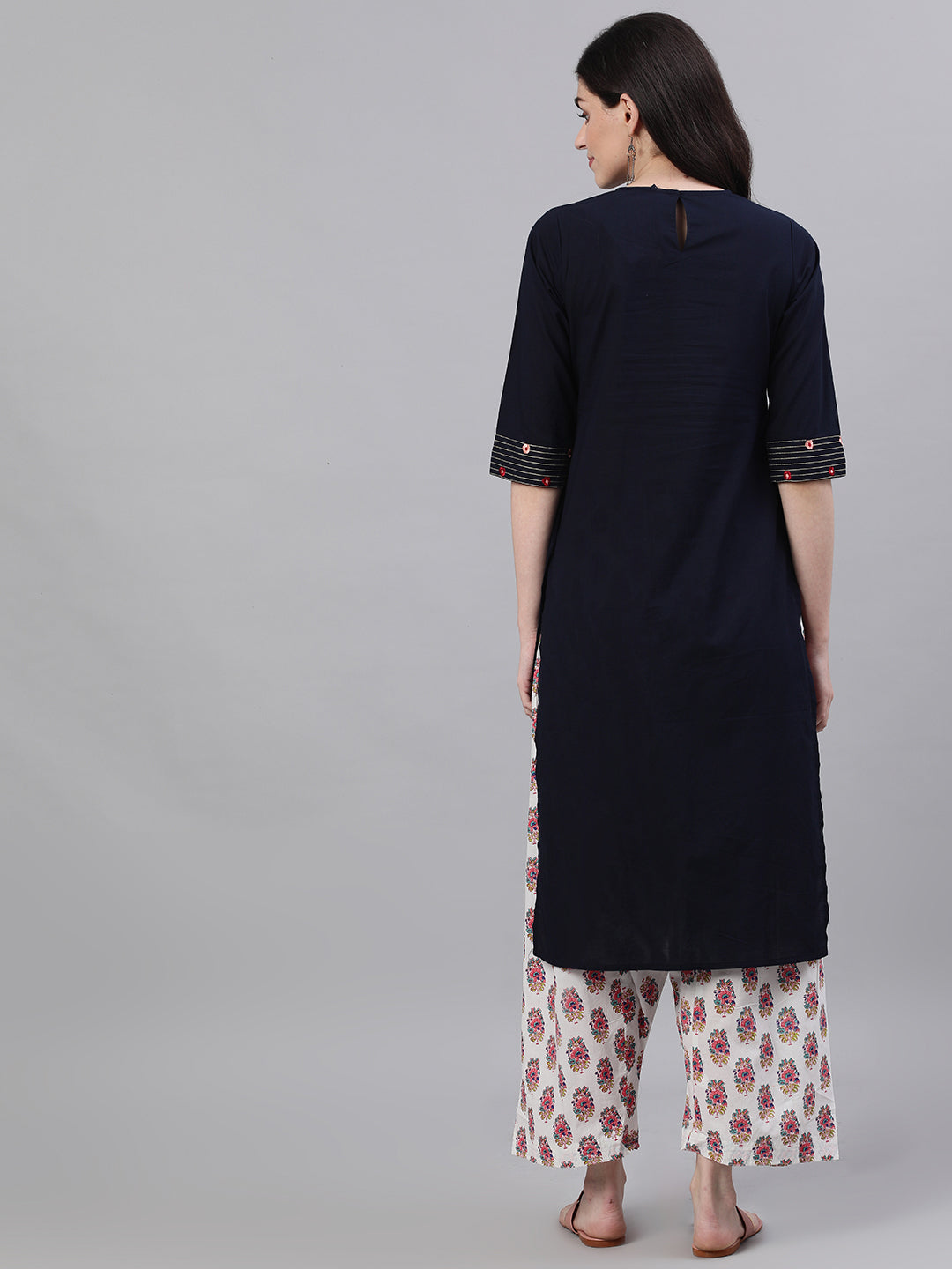 Women Navy Blue Calf Length Three-Quarter Sleeves A-Line Solid Embroidered Cotton Kurta | LASVINI - Redefining Indian Fashion with Elegance