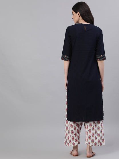 Women Navy Blue Calf Length Three-Quarter Sleeves A-Line Solid Embroidered Cotton Kurta | LASVINI - Redefining Indian Fashion with Elegance