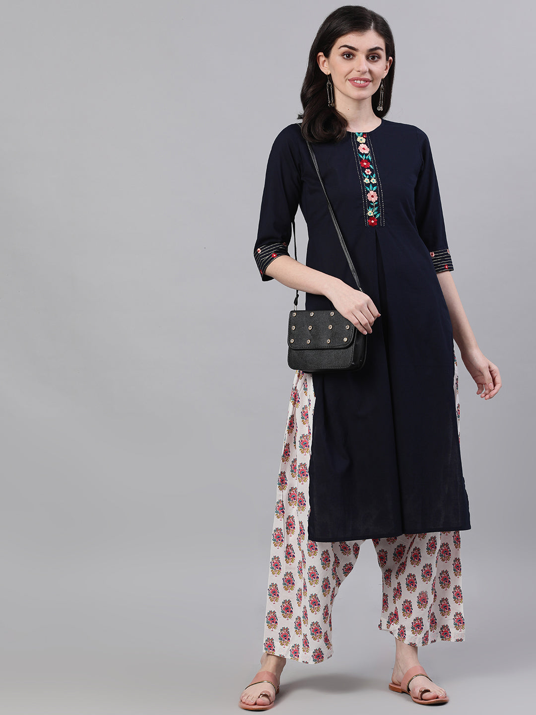 Women Navy Blue Calf Length Three-Quarter Sleeves A-Line Solid Embroidered Cotton Kurta | LASVINI - Redefining Indian Fashion with Elegance