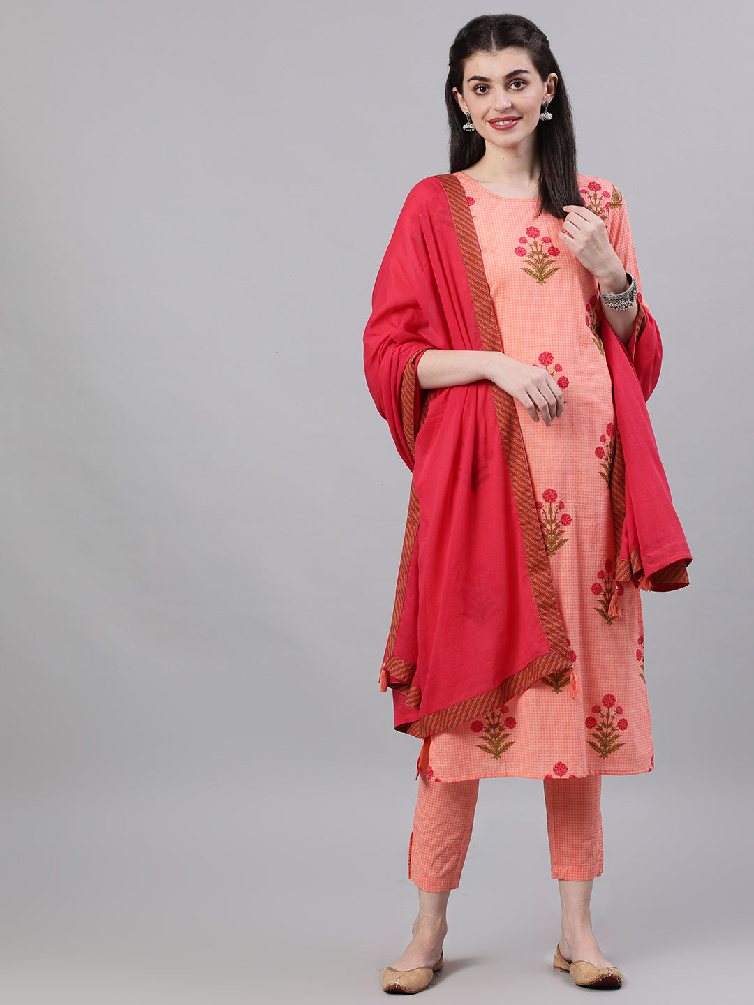 Women Peach Three-Quarter Sleeves Straight Kurta Palazzo With Dupatta | LASVINI - Redefining Indian Fashion with Elegance