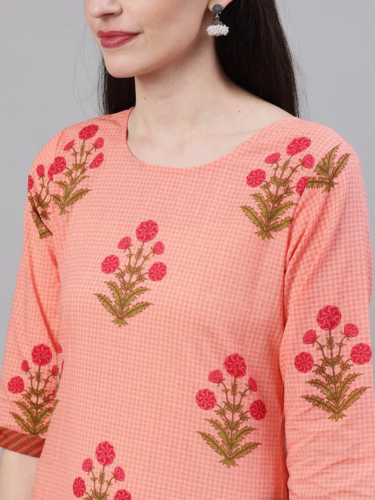 Women Peach Three-Quarter Sleeves Straight Kurta Palazzo With Dupatta | LASVINI - Redefining Indian Fashion with Elegance