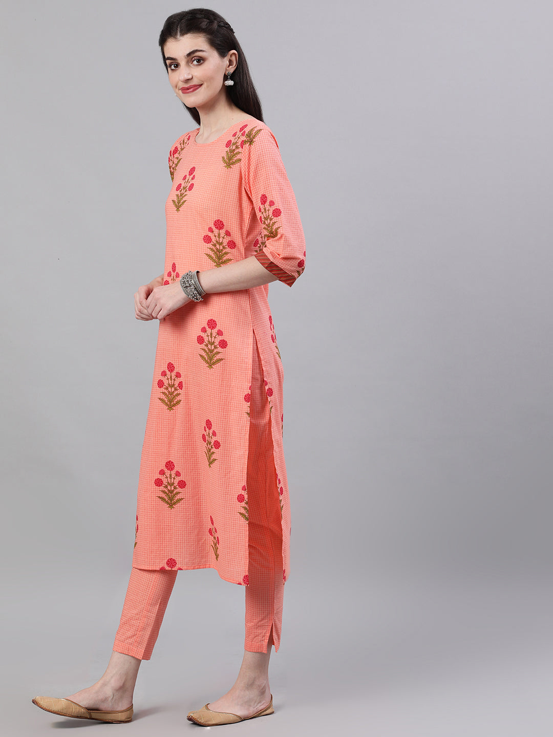 Women Peach Three-Quarter Sleeves Straight Kurta Palazzo With Dupatta | LASVINI - Redefining Indian Fashion with Elegance