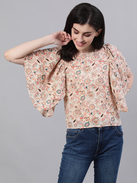 Women Cream Short Sleeves Ruffles Top | LASVINI - Redefining Indian Fashion with Elegance