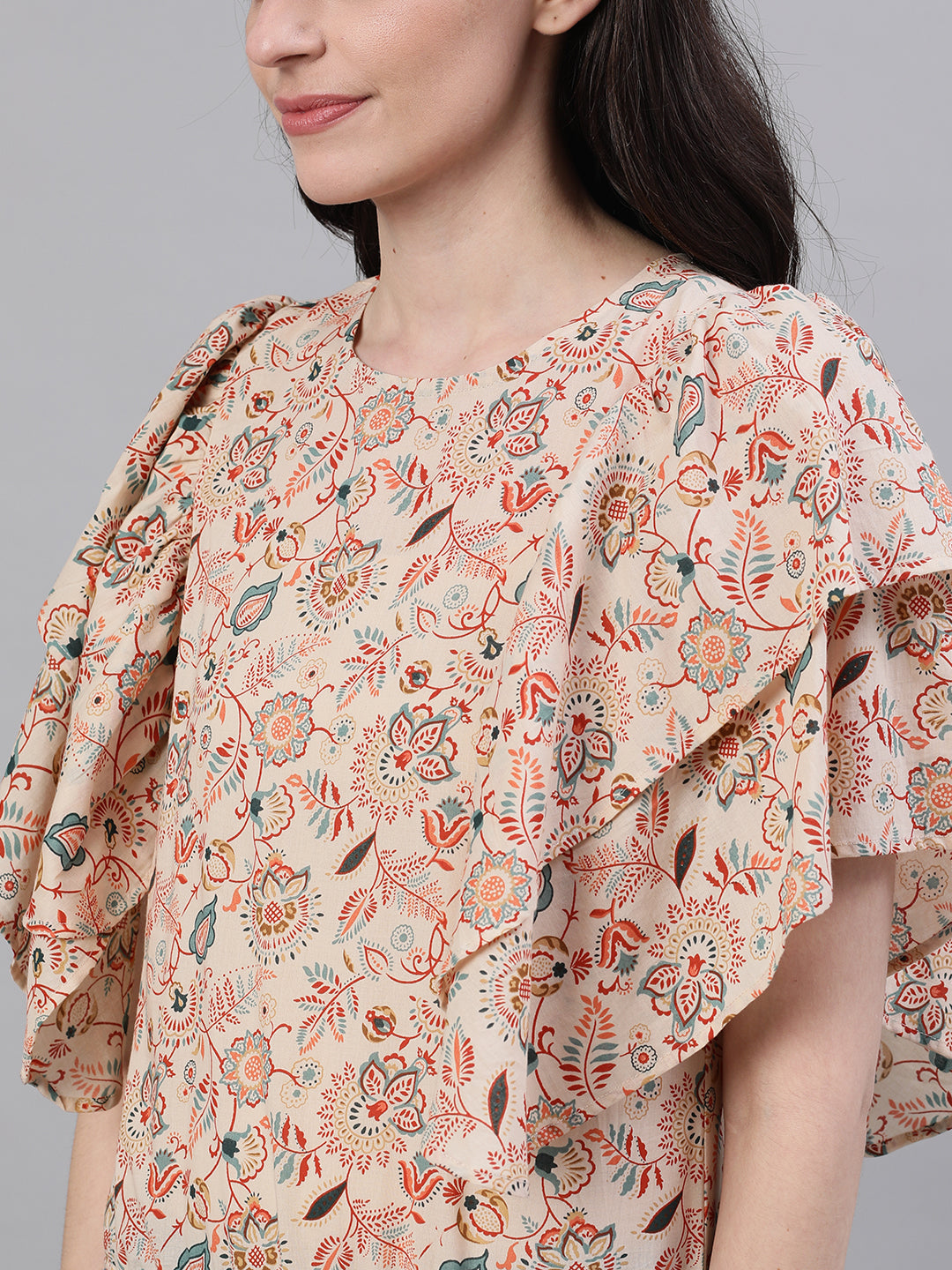 Women Cream Short Sleeves Ruffles Top | LASVINI - Redefining Indian Fashion with Elegance