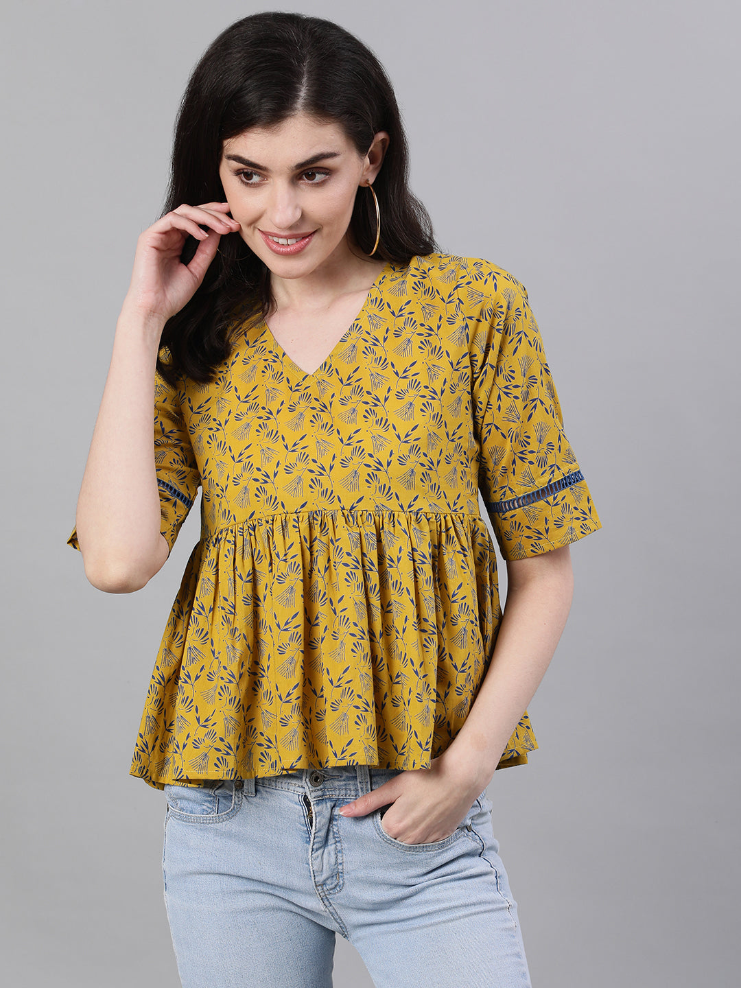 Women Yellow Three-Quarter Sleeves Gathered Or Pleated Top | LASVINI - Redefining Indian Fashion with Elegance