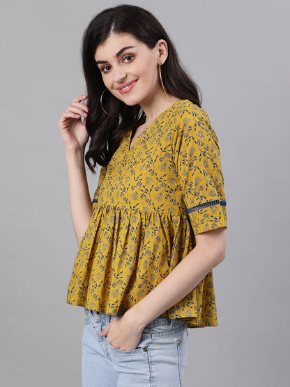 Women Yellow Three-Quarter Sleeves Gathered Or Pleated Top | LASVINI - Redefining Indian Fashion with Elegance