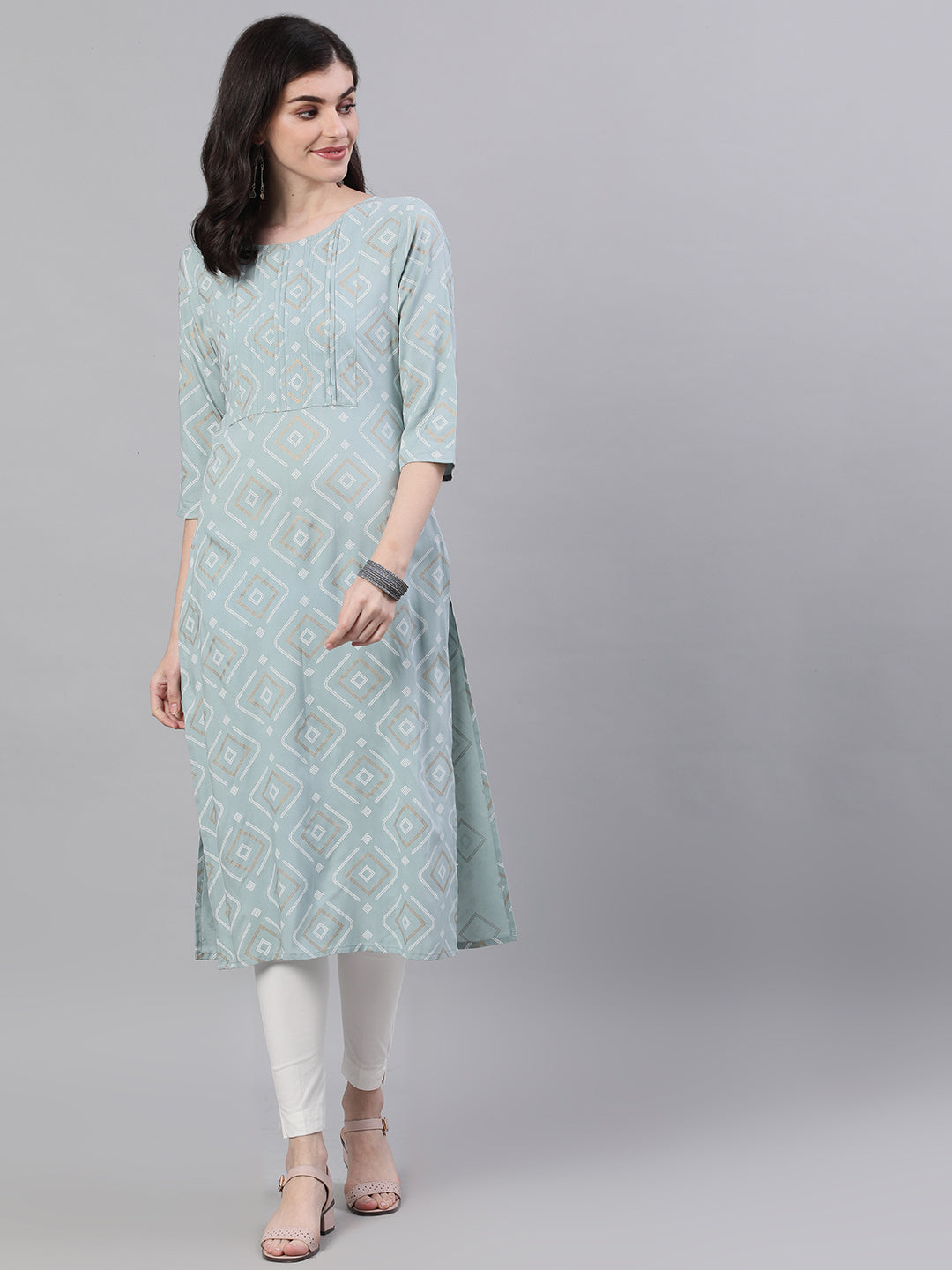 Women Grey Calf Length Three-Quarter Sleeves Straight Geometric Yoke Design Cotton Kurta | LASVINI - Redefining Indian Fashion with Elegance