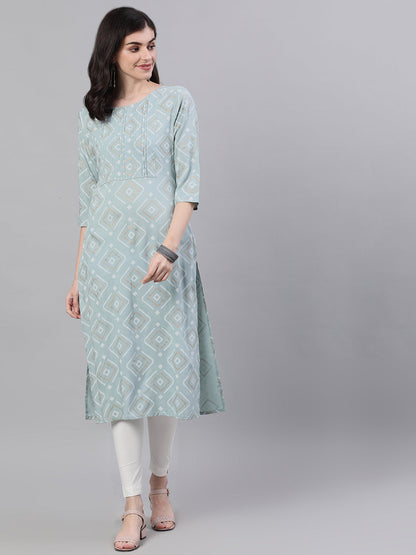 Women Grey Calf Length Three-Quarter Sleeves Straight Geometric Yoke Design Cotton Kurta | LASVINI - Redefining Indian Fashion with Elegance