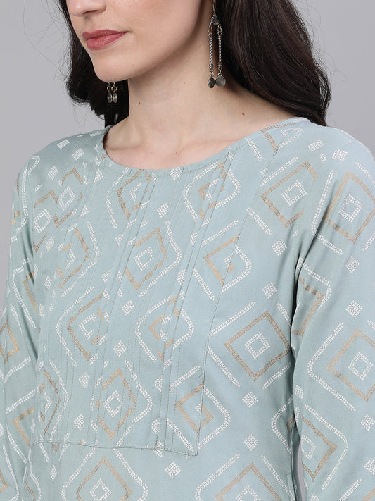 Women Grey Calf Length Three-Quarter Sleeves Straight Geometric Yoke Design Cotton Kurta | LASVINI - Redefining Indian Fashion with Elegance