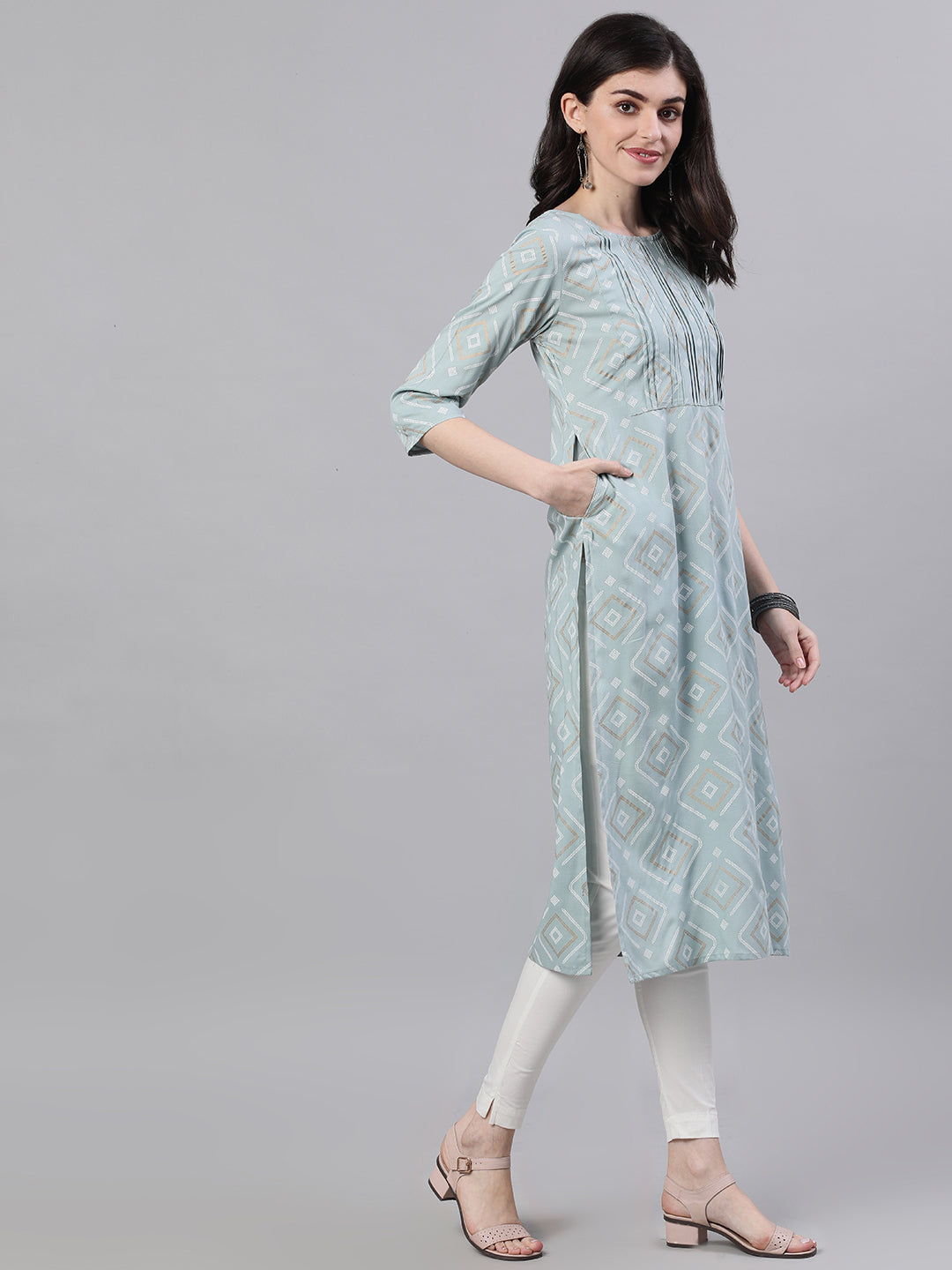 Women Grey Calf Length Three-Quarter Sleeves Straight Geometric Yoke Design Cotton Kurta | LASVINI - Redefining Indian Fashion with Elegance