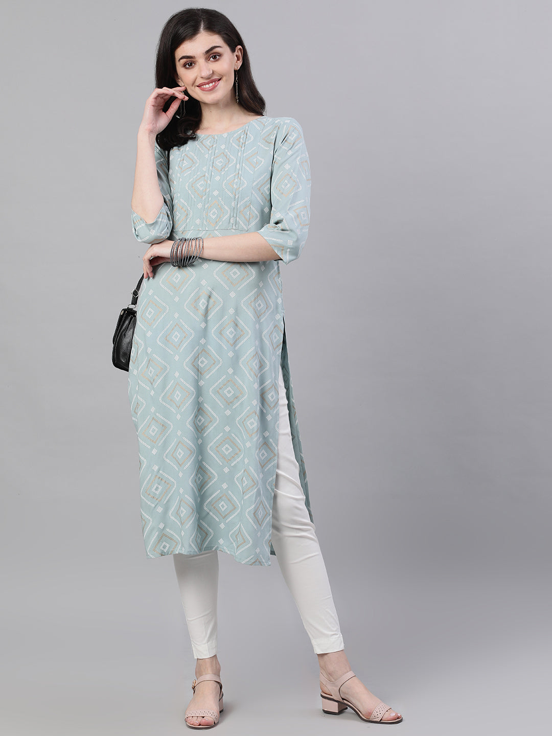 Women Grey Calf Length Three-Quarter Sleeves Straight Geometric Yoke Design Cotton Kurta | LASVINI - Redefining Indian Fashion with Elegance