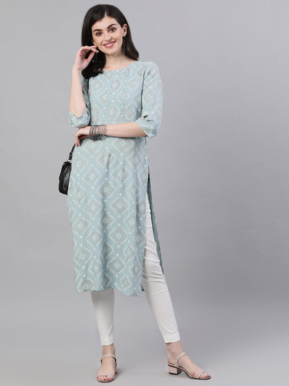 Women Grey Calf Length Three-Quarter Sleeves Straight Geometric Yoke Design Cotton Kurta | LASVINI - Redefining Indian Fashion with Elegance