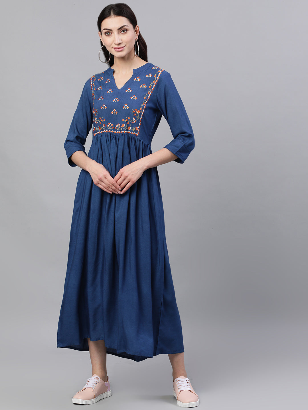 Women Blue Solid Embroidered Mandarin Collar Viscose Rayon Fit And Flare Dress | LASVINI - Redefining Indian Fashion with Elegance