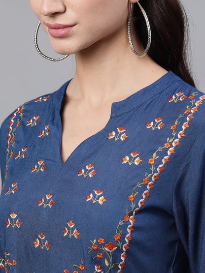 Women Blue Solid Embroidered Mandarin Collar Viscose Rayon Fit And Flare Dress | LASVINI - Redefining Indian Fashion with Elegance