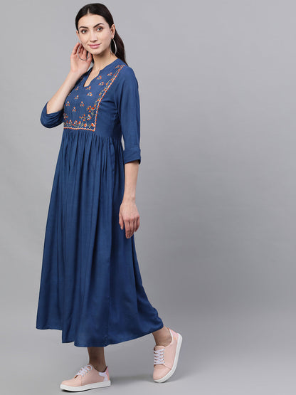 Women Blue Solid Embroidered Mandarin Collar Viscose Rayon Fit And Flare Dress | LASVINI - Redefining Indian Fashion with Elegance