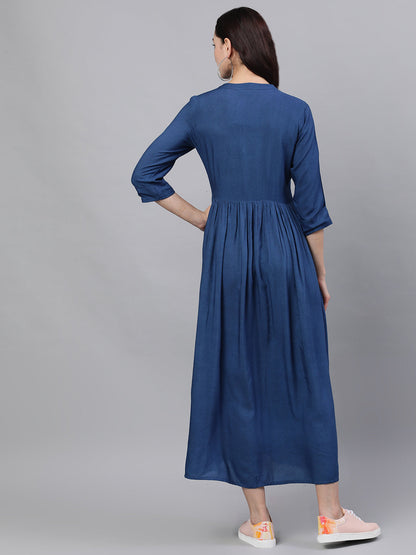 Women Blue Solid Embroidered Mandarin Collar Viscose Rayon Fit And Flare Dress | LASVINI - Redefining Indian Fashion with Elegance