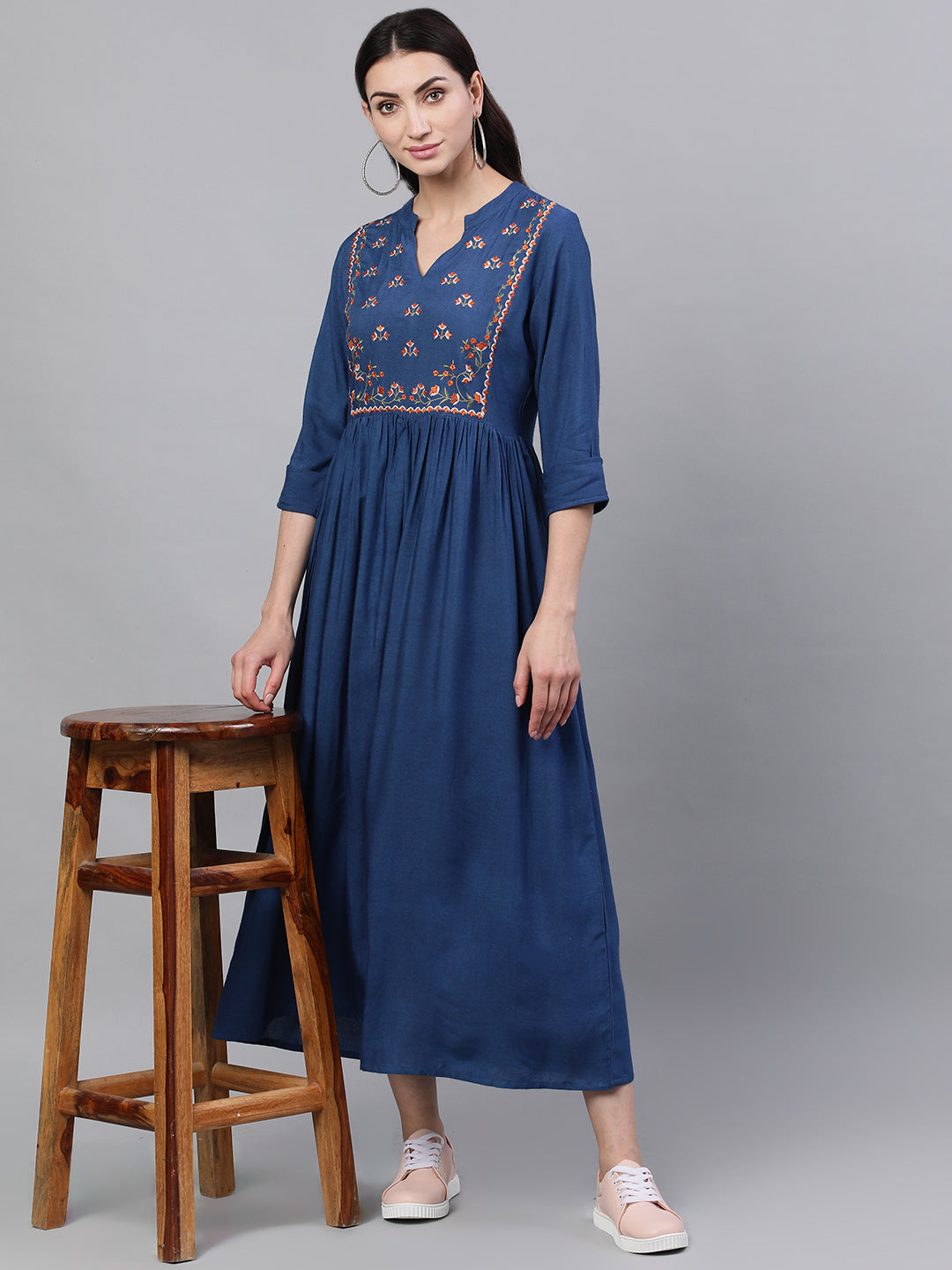 Women Blue Solid Embroidered Mandarin Collar Viscose Rayon Fit And Flare Dress | LASVINI - Redefining Indian Fashion with Elegance